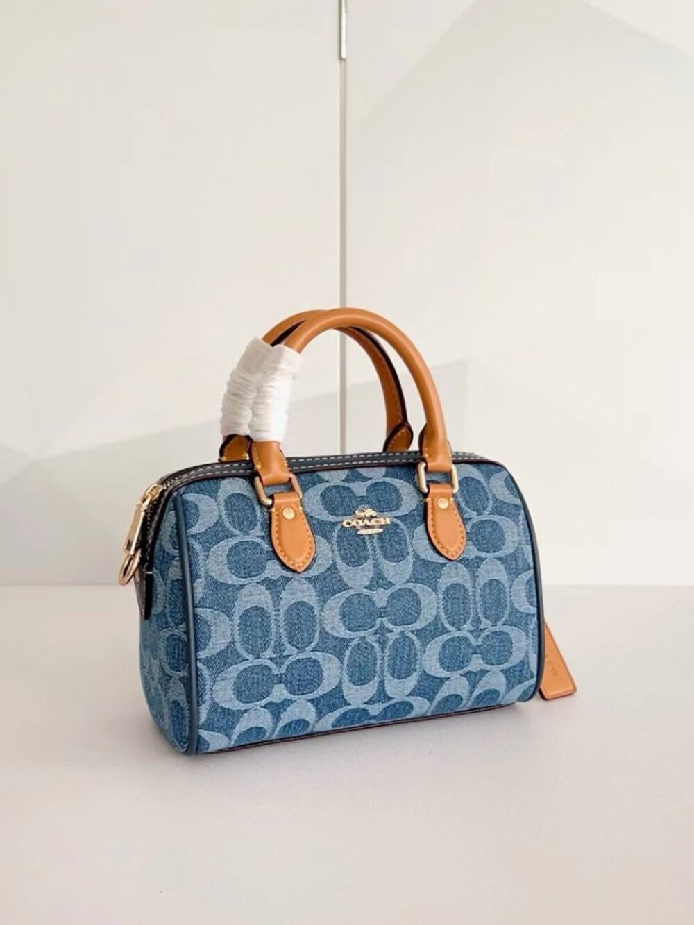 ✨Coach Mini Rowan Denim Signature C Satchel Tan Leather Trim Crossbody Bag